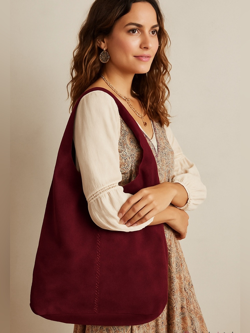 Haute Hippie Women’s Festival Genuine Suede Slouchy Hobo Bag – Rich Burgundy - Picture 2 of 8